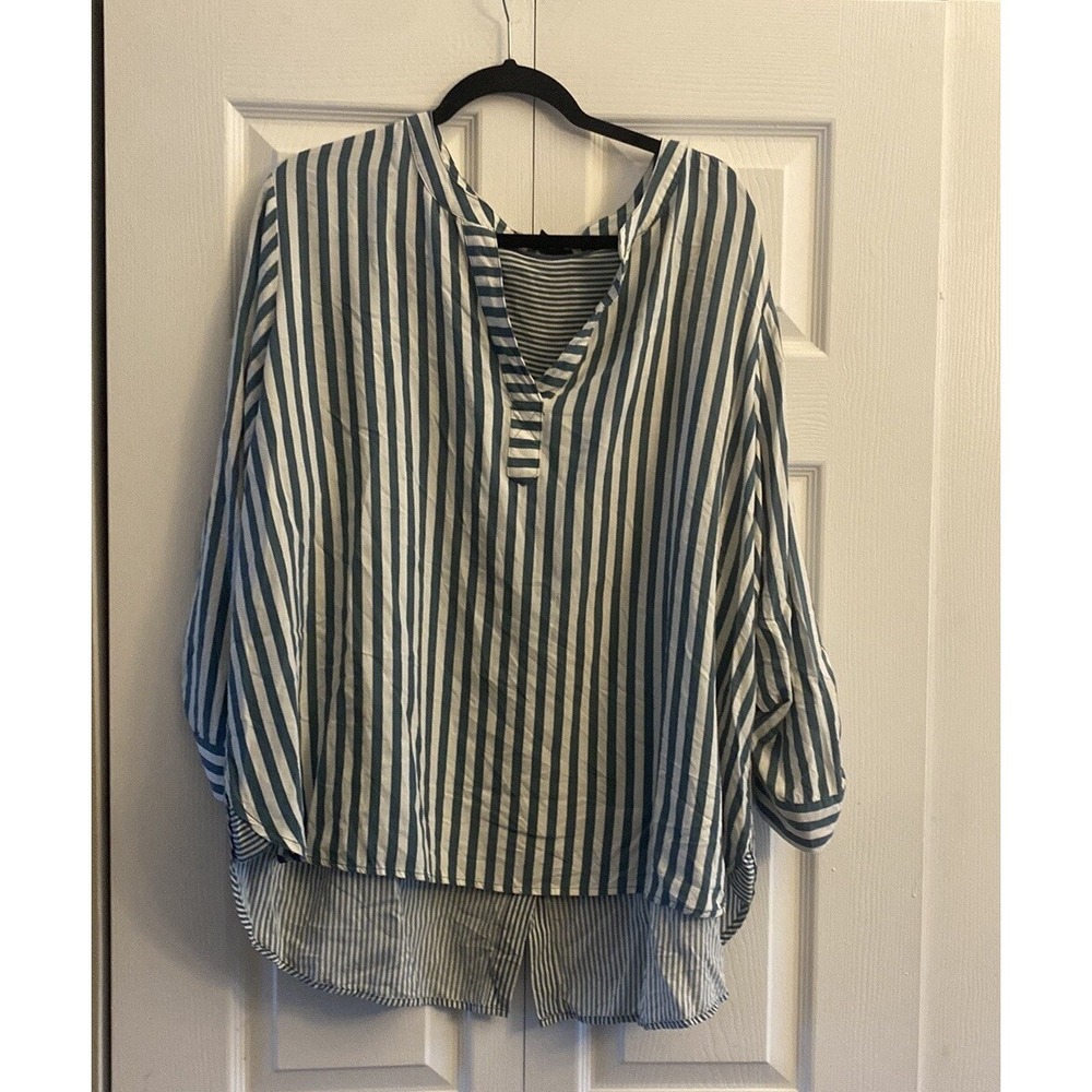 Jane + Delancey Striped Tunic Womens Size 2X Blue White Roll Tab Rayon Oversized